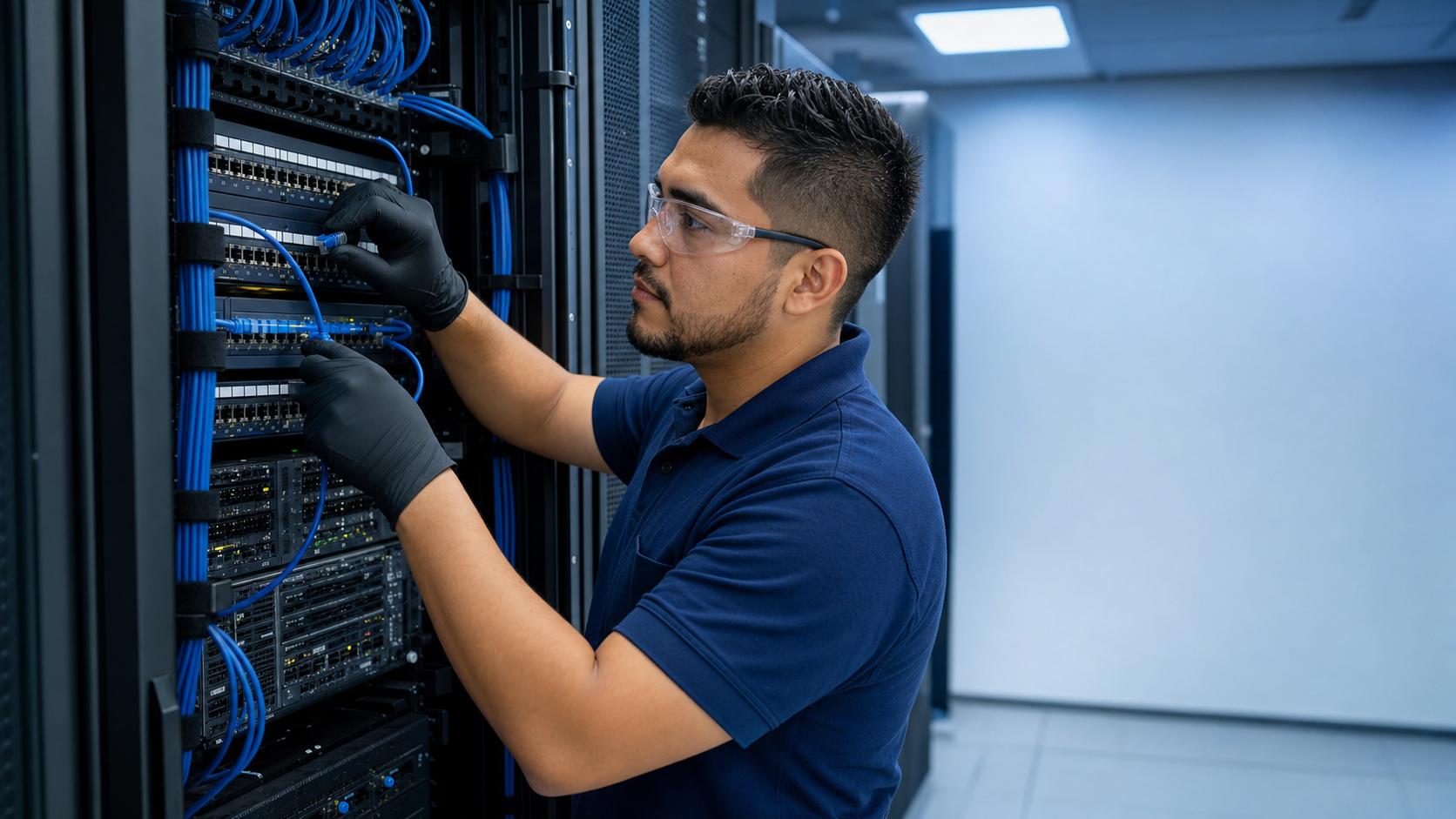 Técnico trabajando en un rack de cableado estructurado
