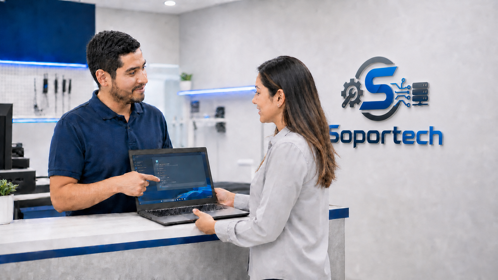 Especialista entregando una laptop después de su mantenimiento